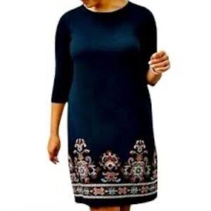J. Jill Floral Embroidered Navy Shift Dress 3/4 Sleeve Woman’s Size MP NWT